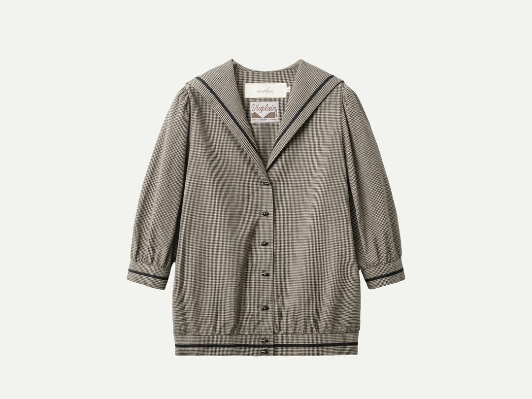 Via Sailor collar check blouse (Beige check)