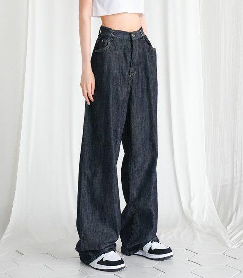 BUCKLE WIDE DENIM PANTS LINEN INDIGO