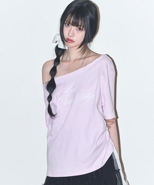 시어 리본 오프숄더 탑 핑크