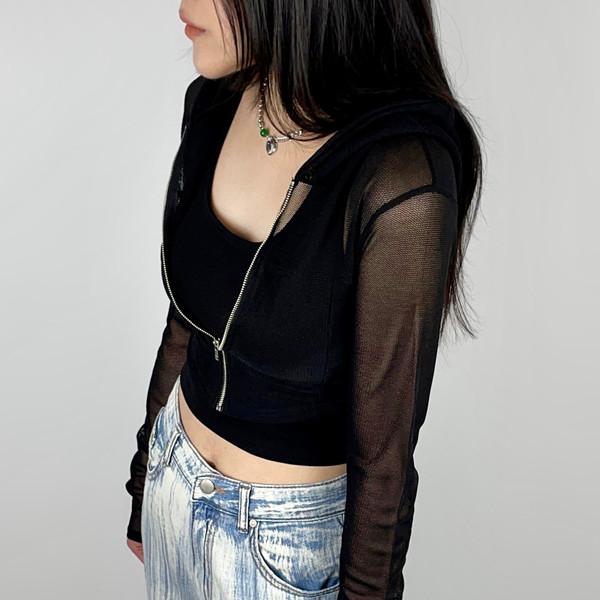 이븐 시스루 썸머 후드 가디건 블랙