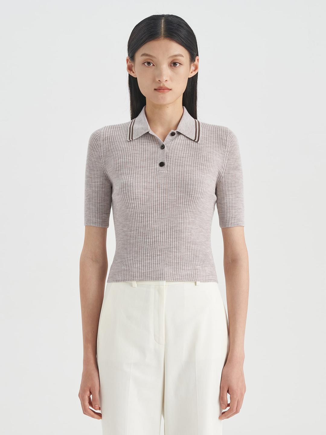 Women Regal Wool Tipped Rib Polo - Light Melange Brown/Pecan