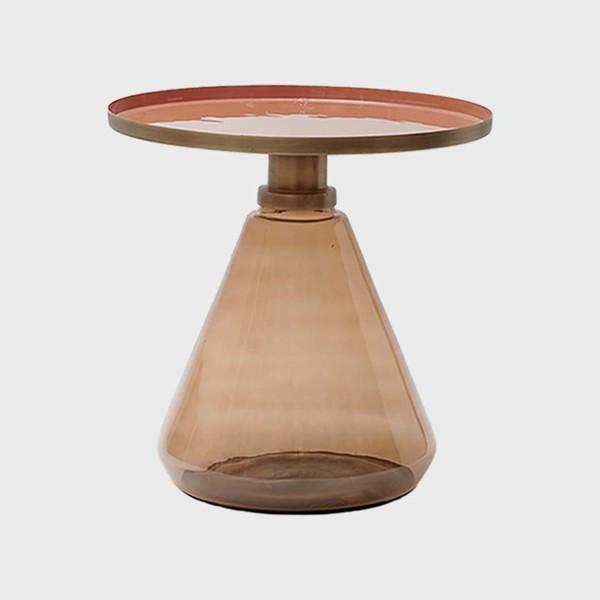 Enamel Pink Plate with Brass Antique Edge Top Peach Translucence Glass Base (DAUST04)