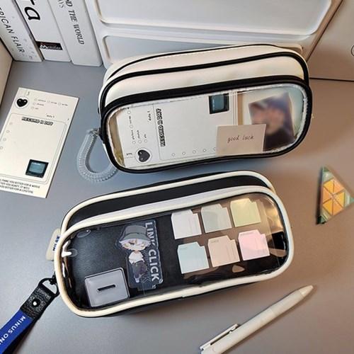 가죽 투명 대용량 필통 파우치 문구 수납 다용도 심플 무난한 무지