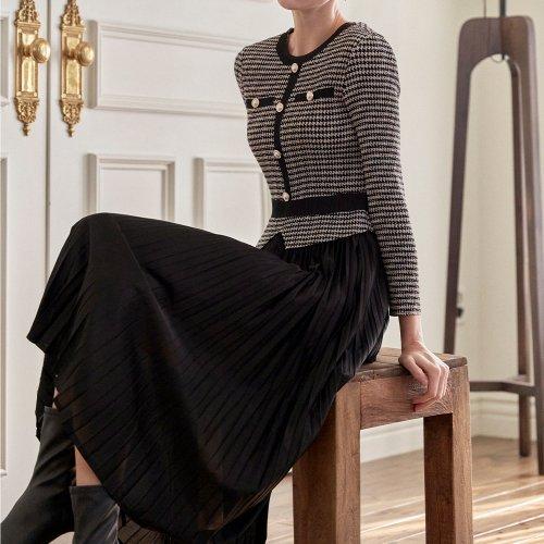 하운드 체크 패턴 슈트 블록 플리츠 원피스 MKOSOP700H