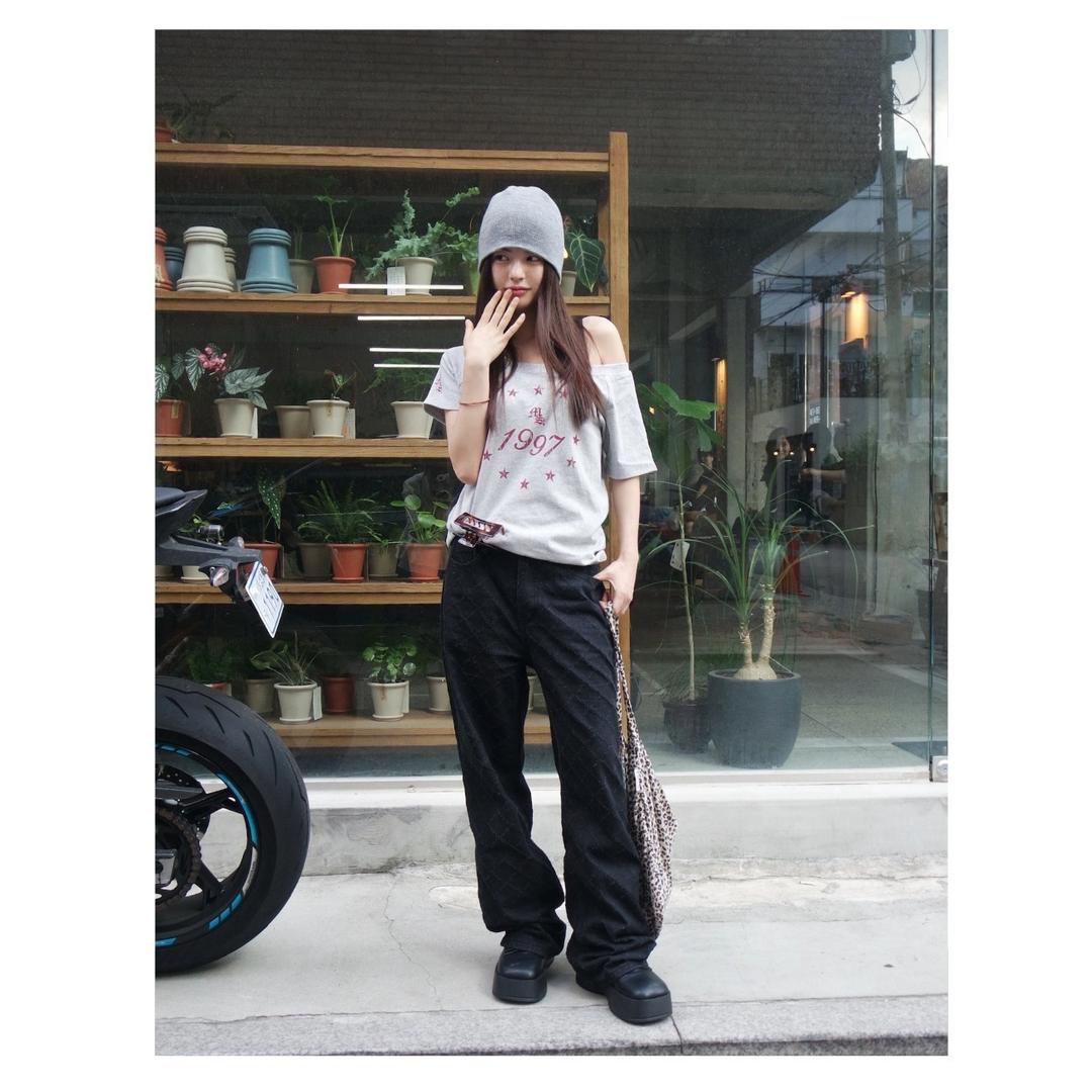 시카쿠 체크 데님 팬츠