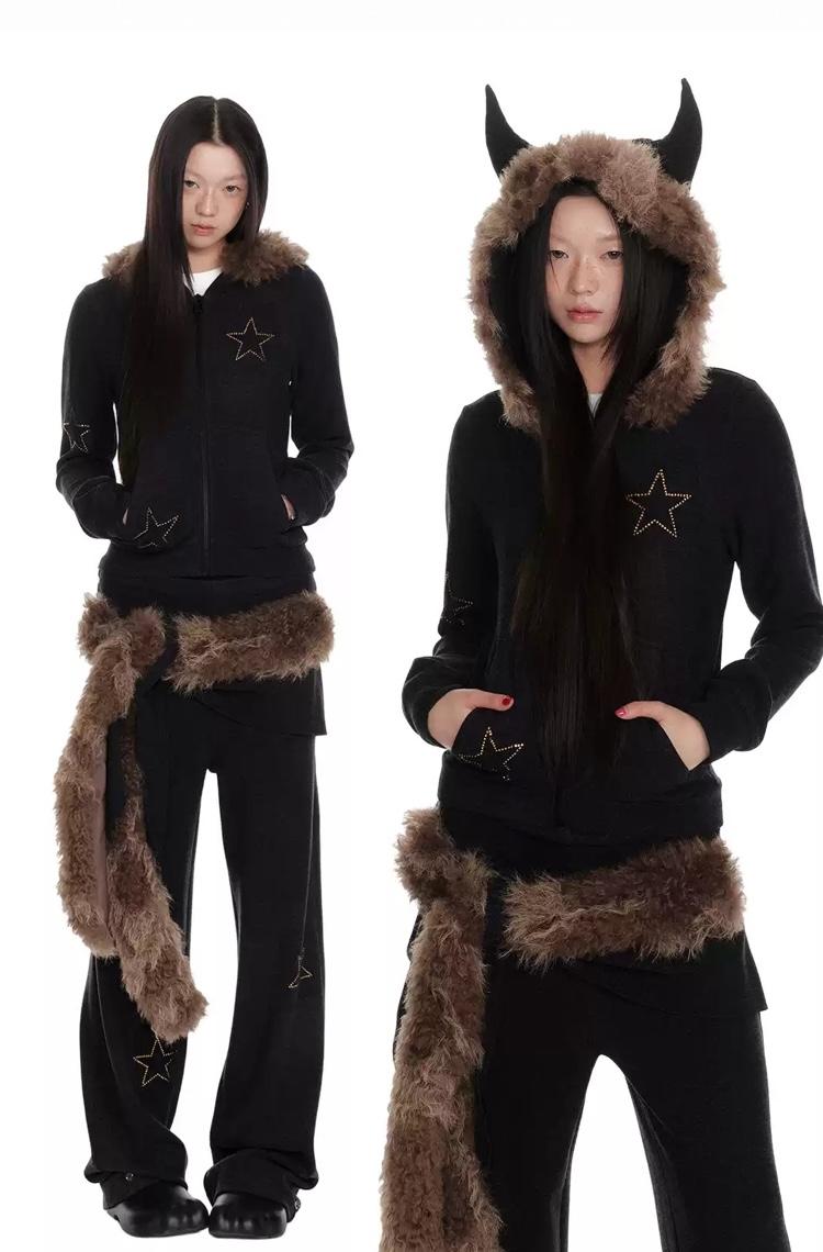 JIKOO Flash Star Horn Hoodie Jacket & Knot Casual Pants
