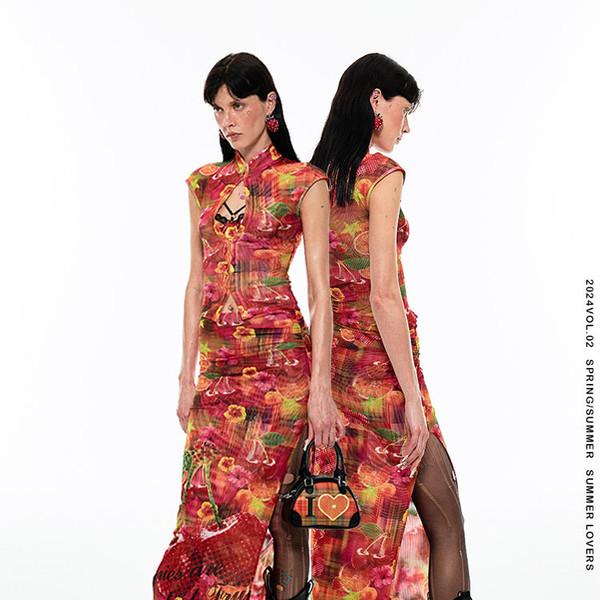 1JINNSTUDIO New Chinese Millennium Qipao Set Mesh Printed Top / Slit Long Skirt