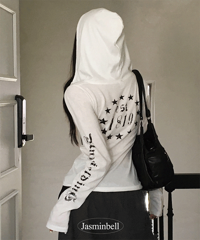 [레터링/힙무드🕶️] 리노 레터링 프린팅 후드 스냅버튼 긴팔 티셔츠 백레터링 팔뚝커버 여리 슬림핏 유니크 힙무드 데일리 캐주얼