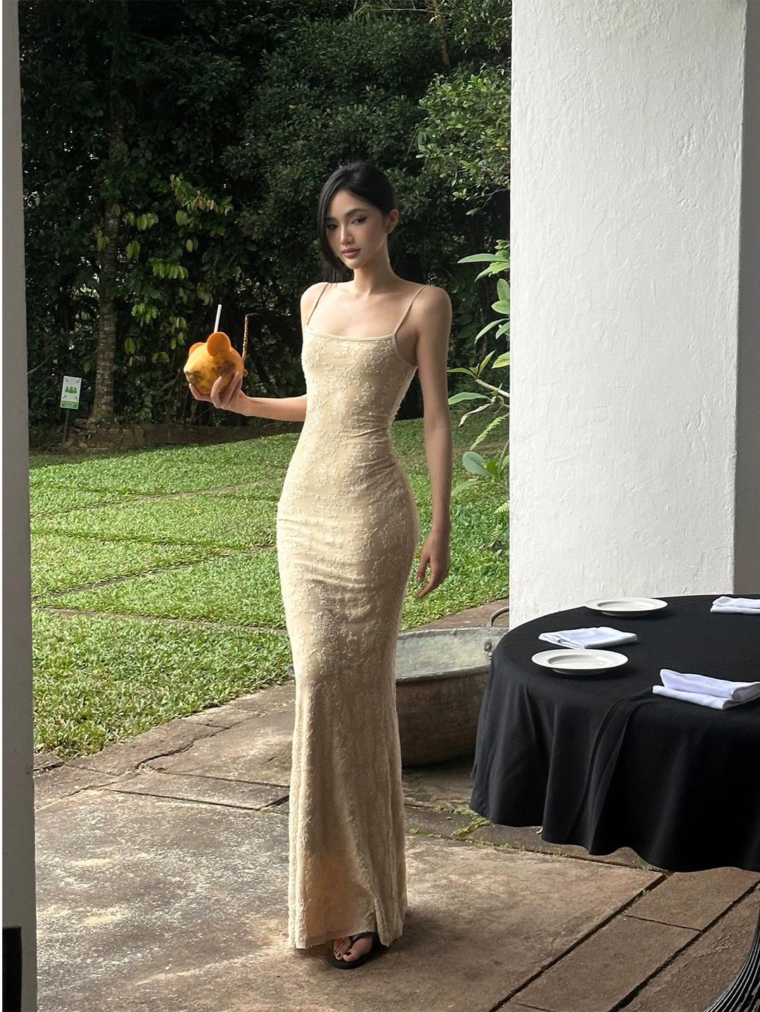 Beige Lace Mermaid Maxi Dress