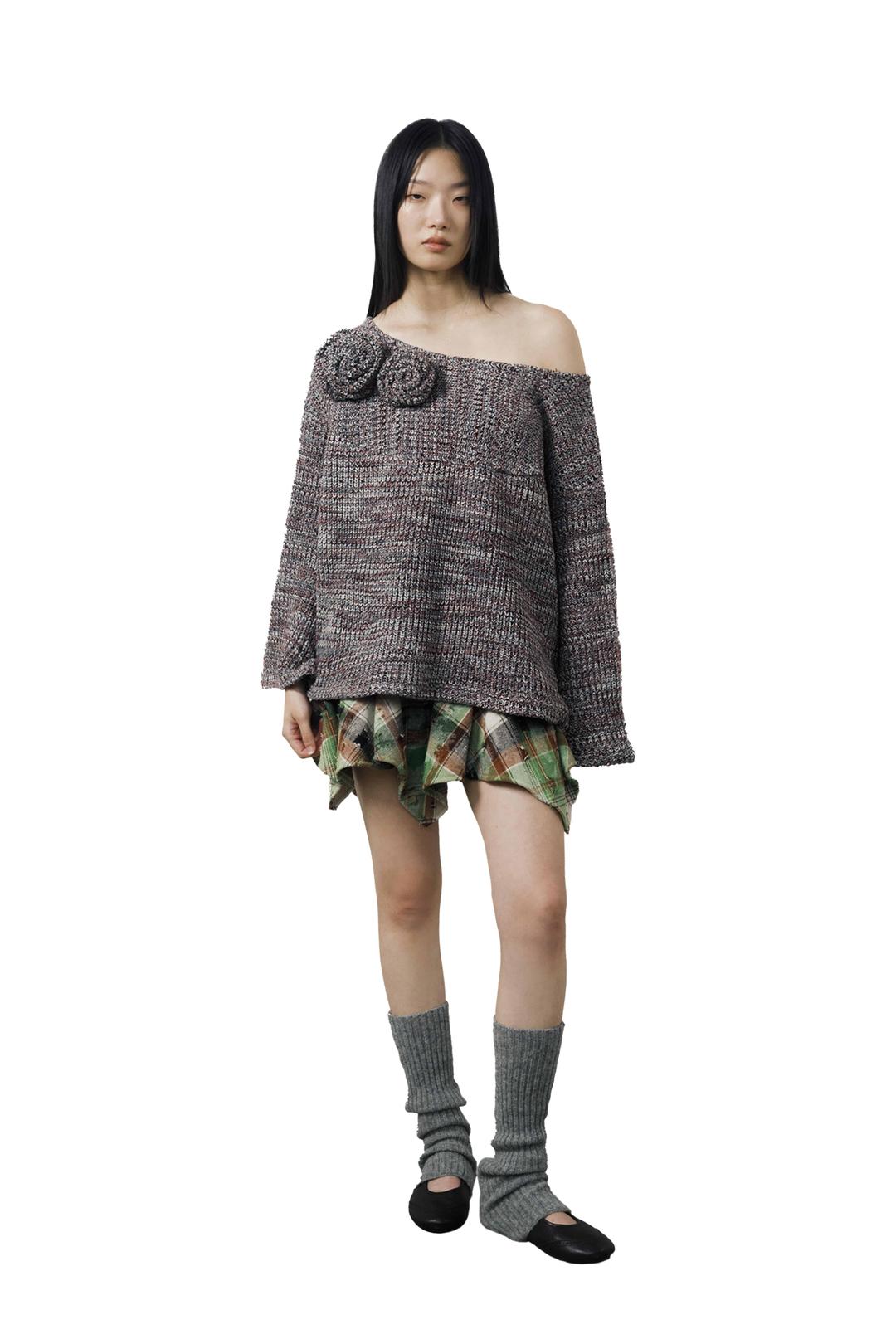 Wide Neck Sweater With Knitted Corsage