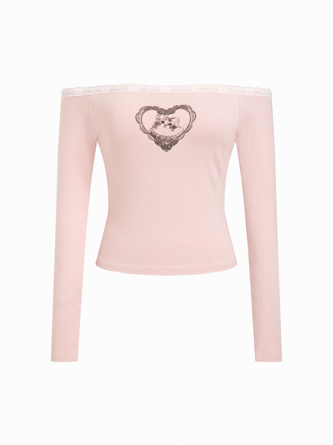 Cat & Heart Graphic Off-shoulder Long Sleeve Lace Trim Crop Tee