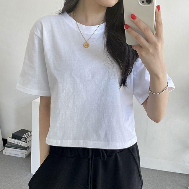 [데일리필수템/면100%] 세미 크롭 반팔 티셔츠 7color_스윗라떼_2