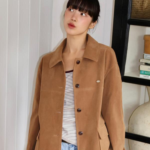 Faux Suede Logo Half Jacket - Camel