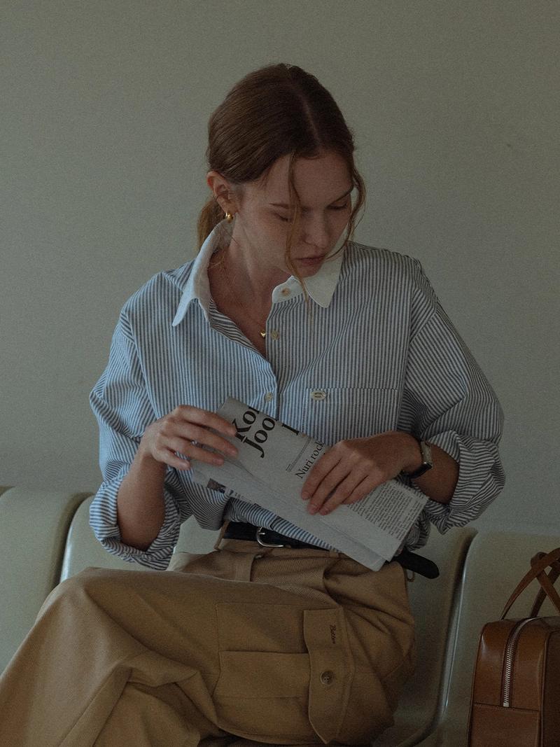 KNOWN BETTER - Coloring collar stripe shirt_Navy