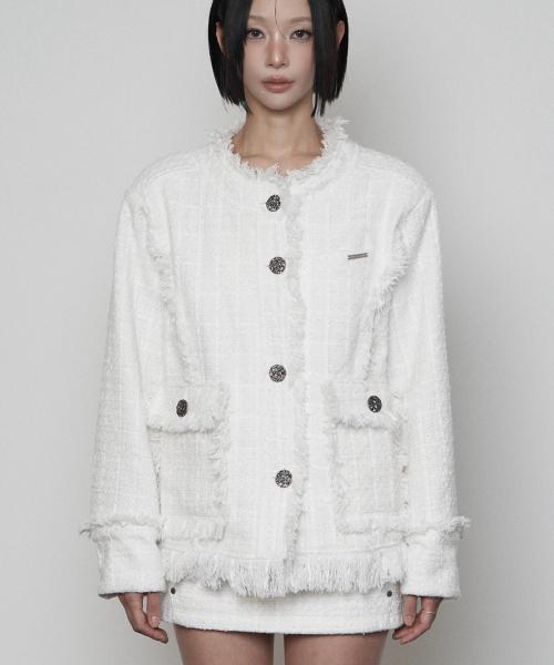 Back- belt Pocket Overfit Tweed Jacket ( WHITE )