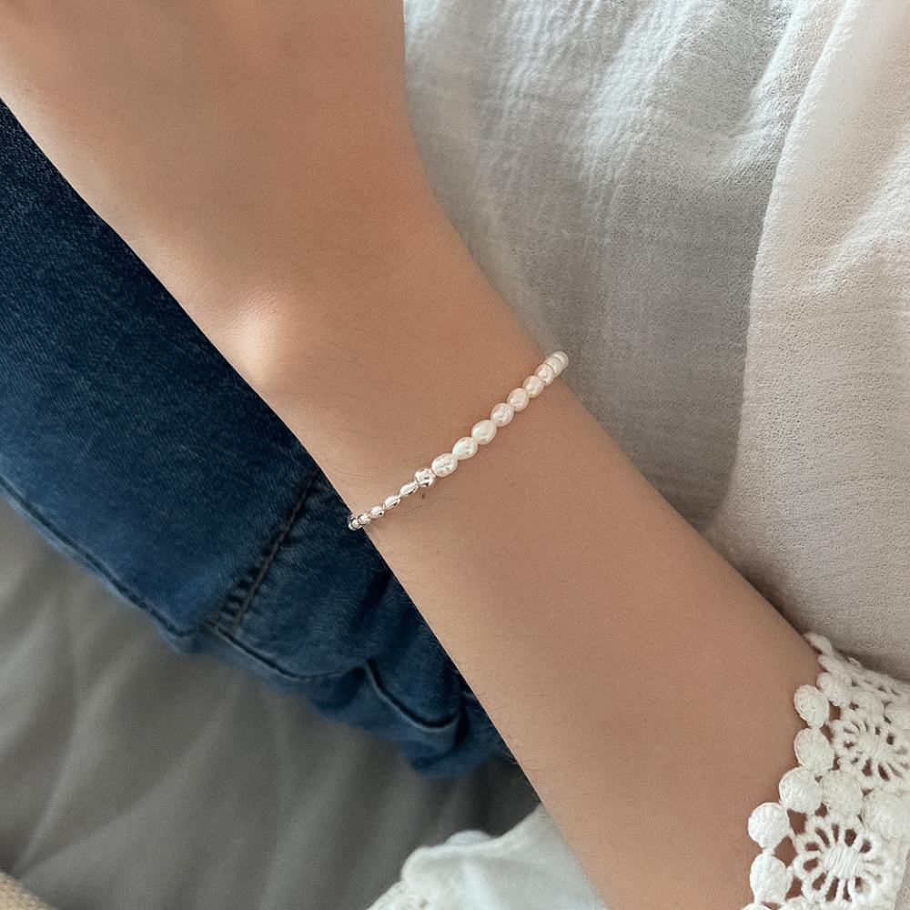 실버925 하프 담수진주 믹스 라이스 체인 은팔찌 2color 실버 골드