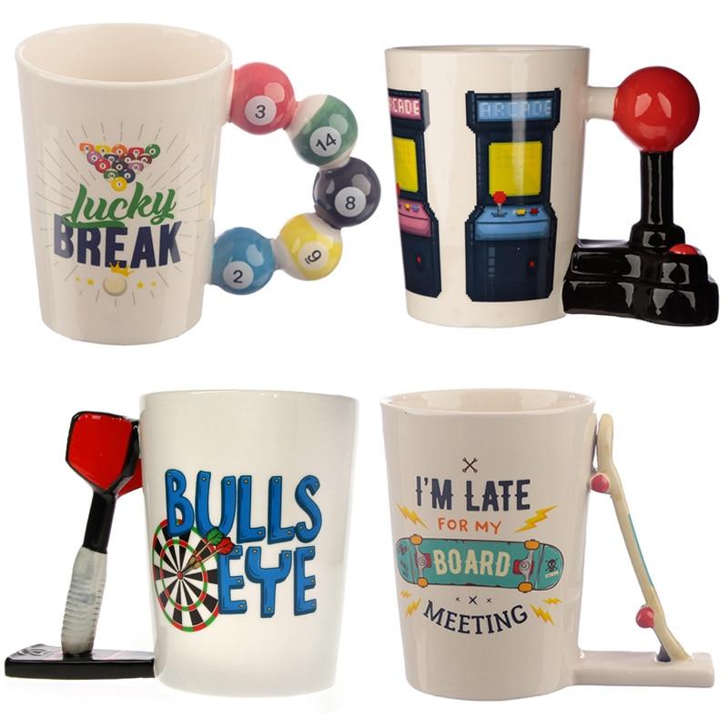 1Pcs 350mL 불즈 아이 다트/스누커 풀 공/골프 공/스케이트 보드 모양의 핸들 세라믹 머그잔 홈 당구 공 풀 커피 컵