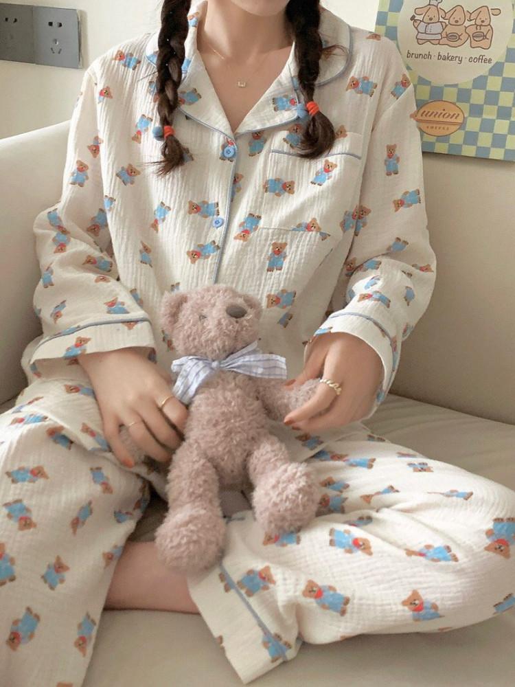 라벨르오브 코튼 멜빵바지 곰돌이 카라 투피스 홈웨어 파자마 잠옷 상하의세트