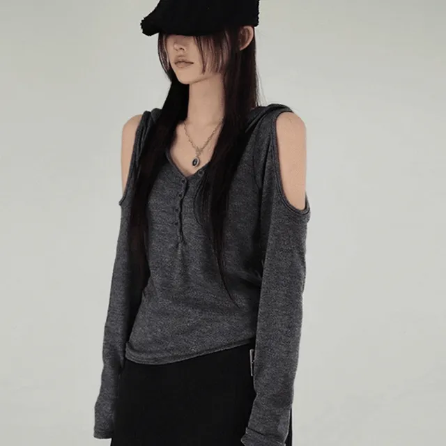 HEATHER SHOULDER SLIT CUT OUT V-NECK KNIT HOOD 헤더 어깨트임 컷아웃 브이넥 니트후드 (2COLORS)