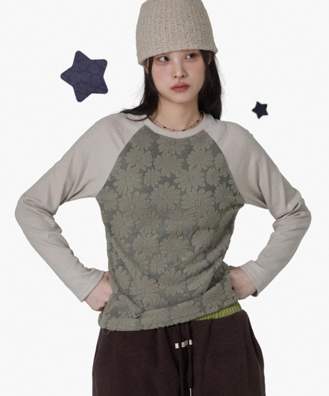 플라워 엠보 래글런 티(3cols)