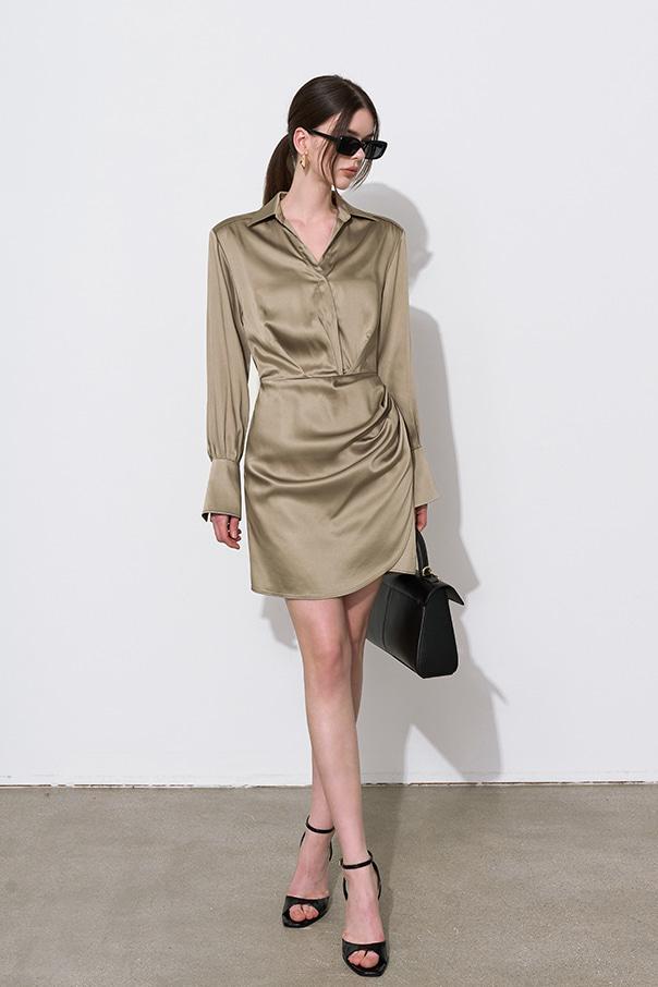 드레이프 새틴 랩 원피스 - 카키베이지