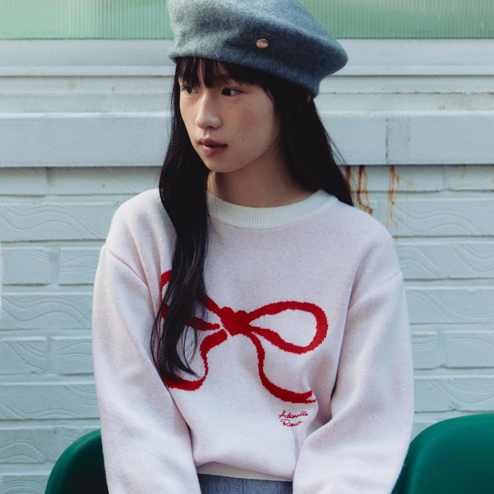 [10/28 순차배송] HEART RIBBON JACQUARD KNIT IVORY RED