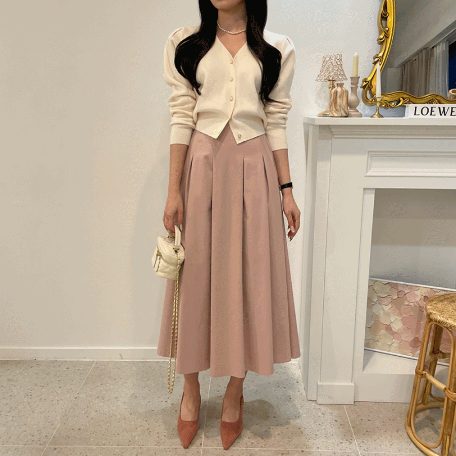 카오스 주름 핀턱 플레어 롱 스커트