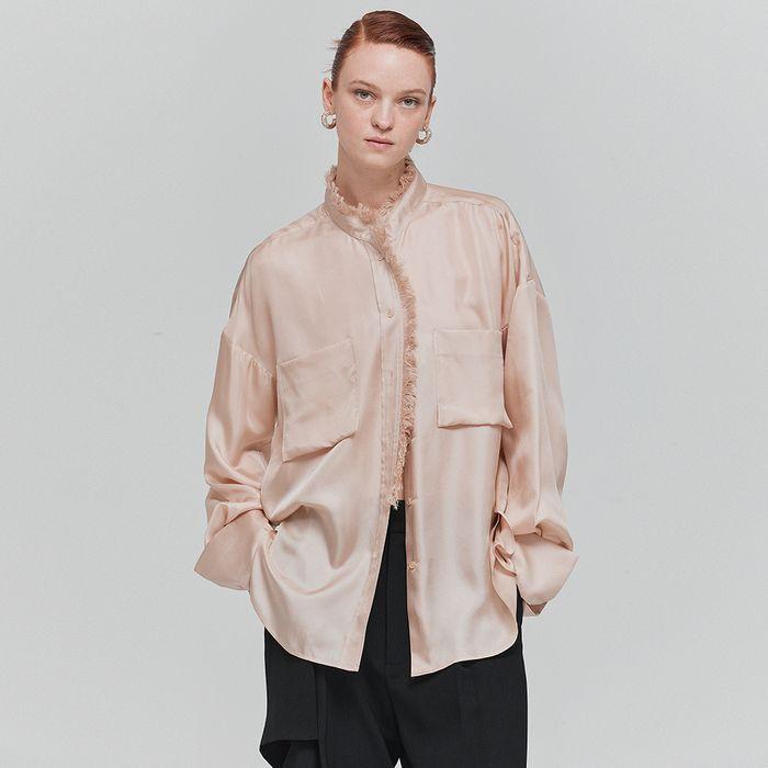 FRINGE RUFFLE SILK BLOUSE_LIGHT BEIGE
