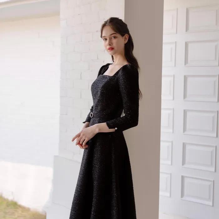 Tweed Square-neck Flare Dress / Black(3color)