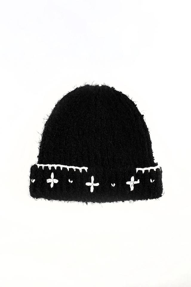Flower Hand Stitched Beanie_BLACK