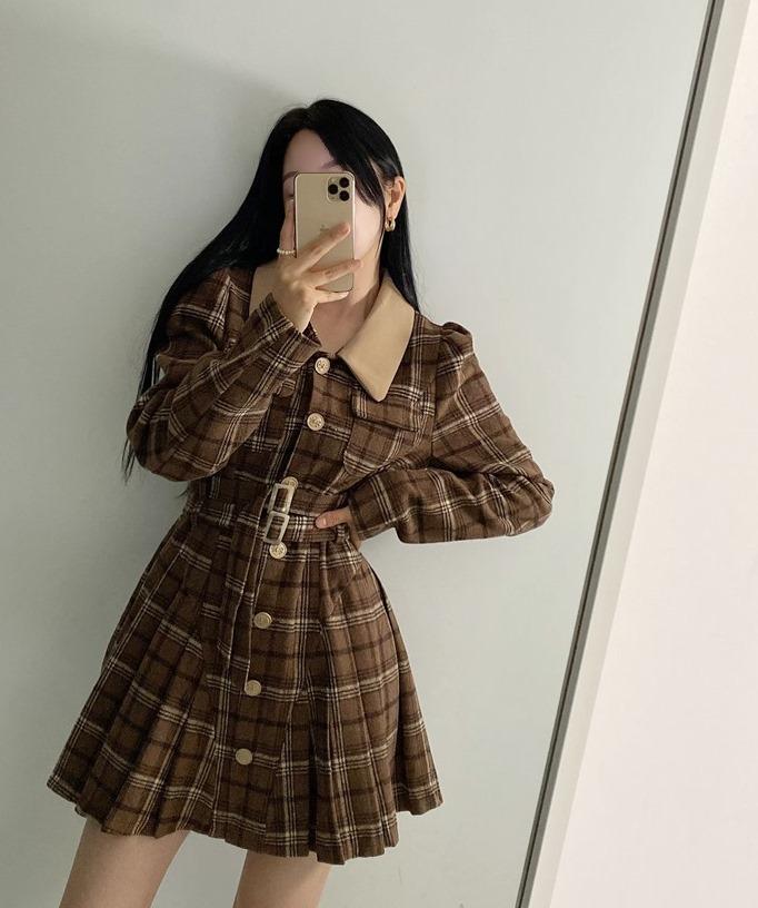 레트로 카라 벨트 원피스