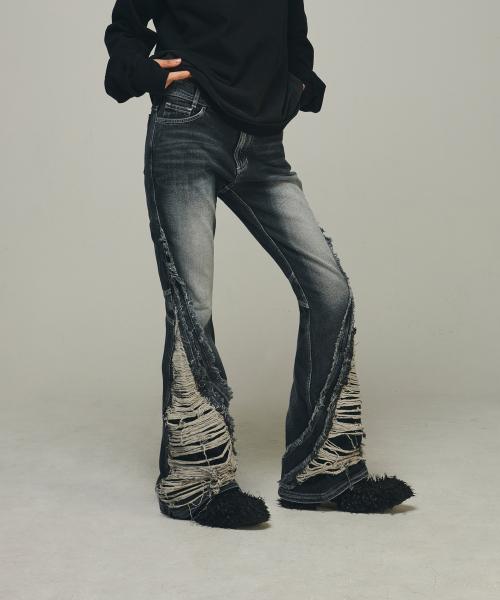 Destroyed Crush Double Line Washing Denim Pants