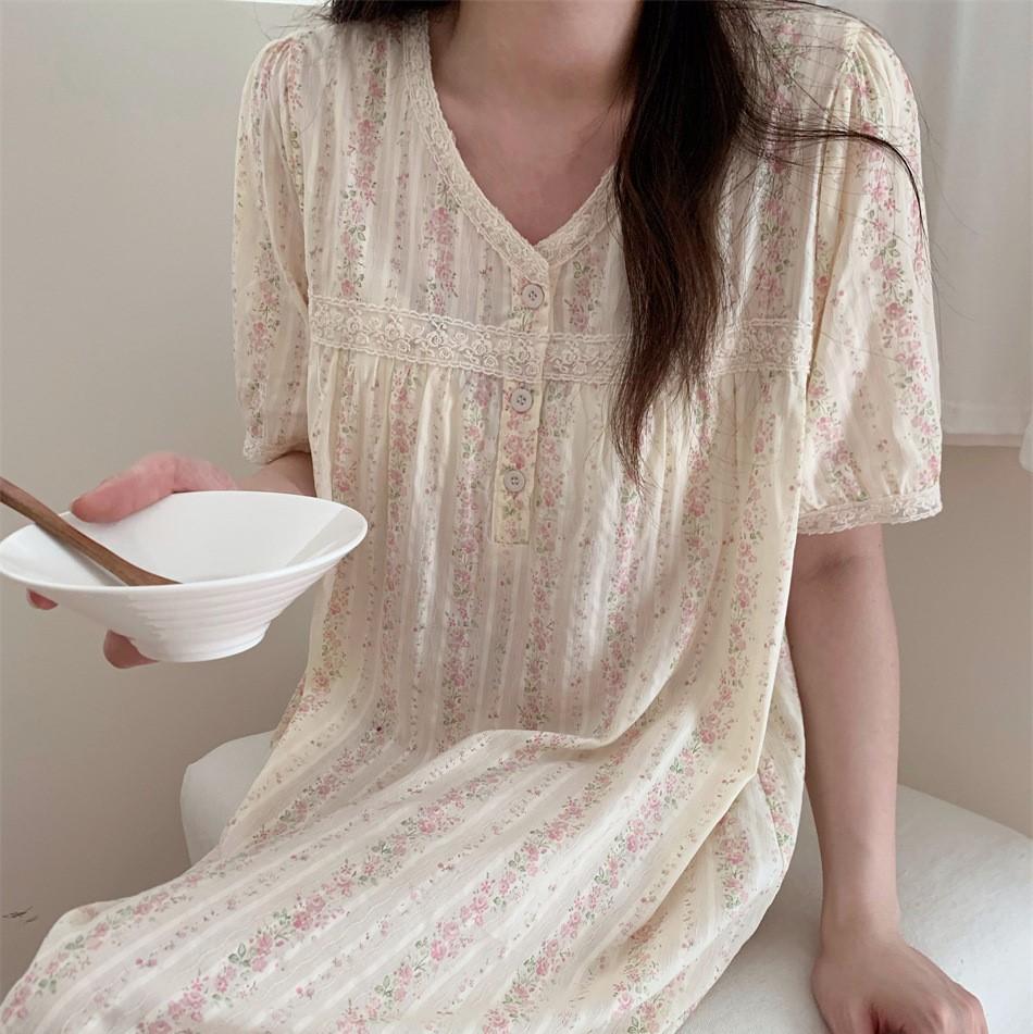 오로니 순면 플라워 원피스 잠옷 여름 반팔 여성 공주 빅사이즈 임산부 요루면 파자마 세트