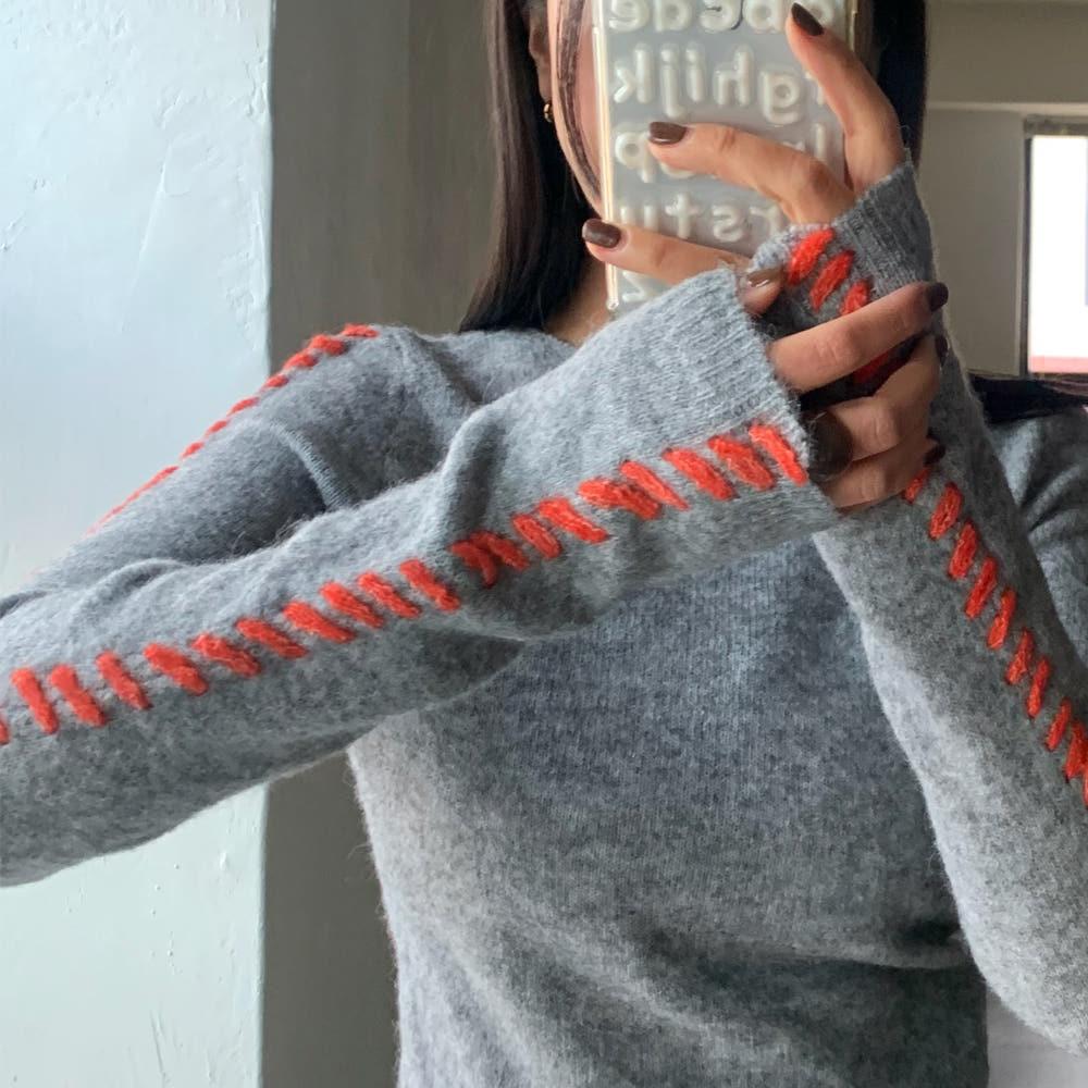 파인게이지 컬러 트위스트 니트/그레이 블랙