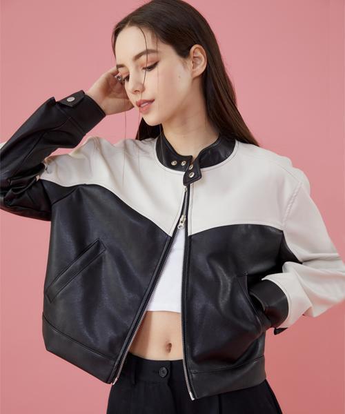 [9차 재입고] WOMEN 오버핏 투웨이 배색 레더 라이더자켓 [Black_White] 가죽자켓 ver.