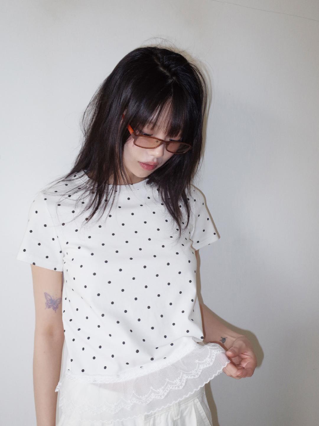 김아홉 반팔 도트 레이스 T