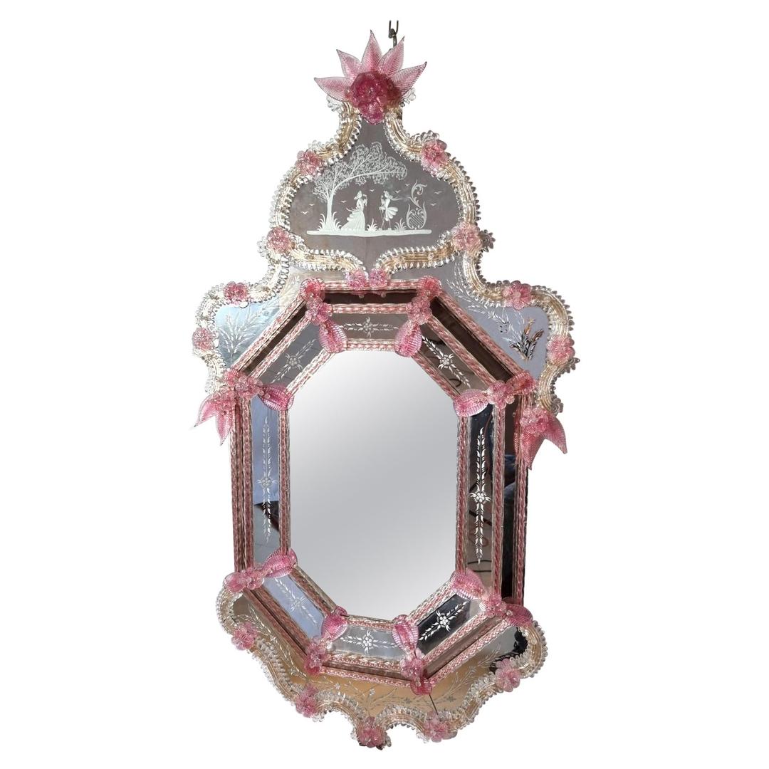 Venetian Pink Flower Murano Glass Mirror