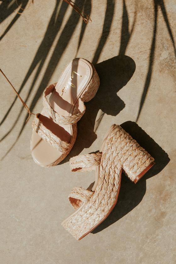 Kanlua Beige Platform Raffia Slide Sandals