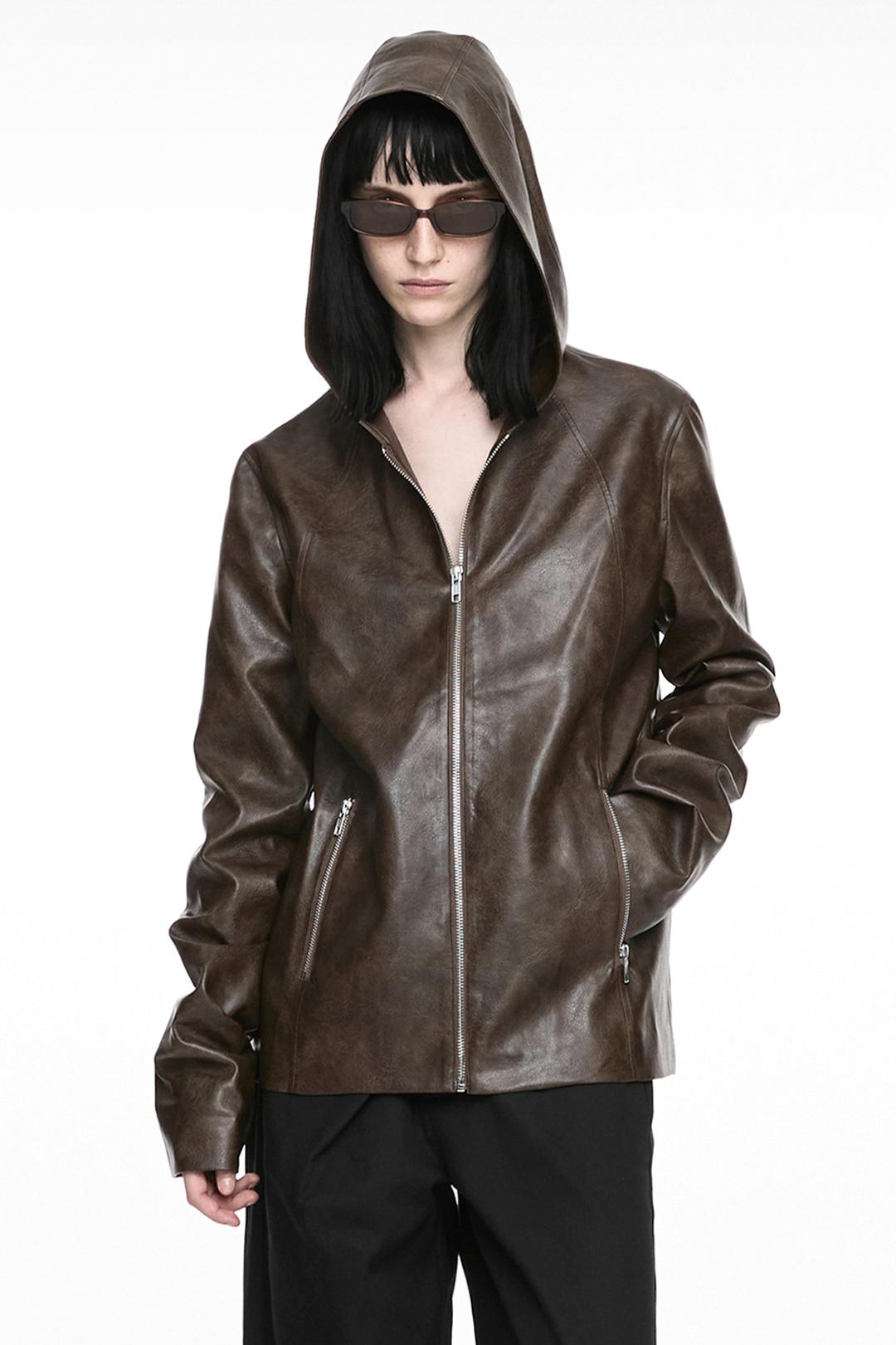 HOODIE LEATHER JACKET (UNISEX) BROWN
