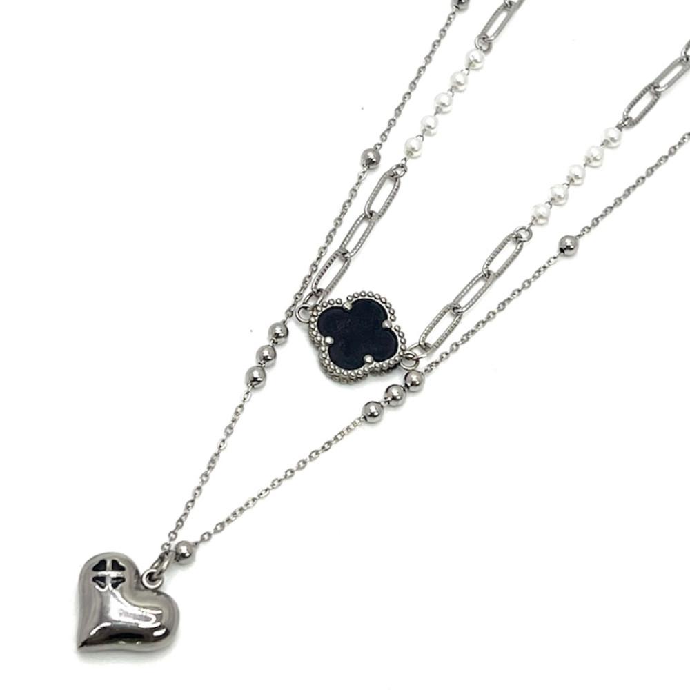 본아웃 하트 클로버 블랙 진주 원석 데일리 투세트 써지컬 체인 목걸이