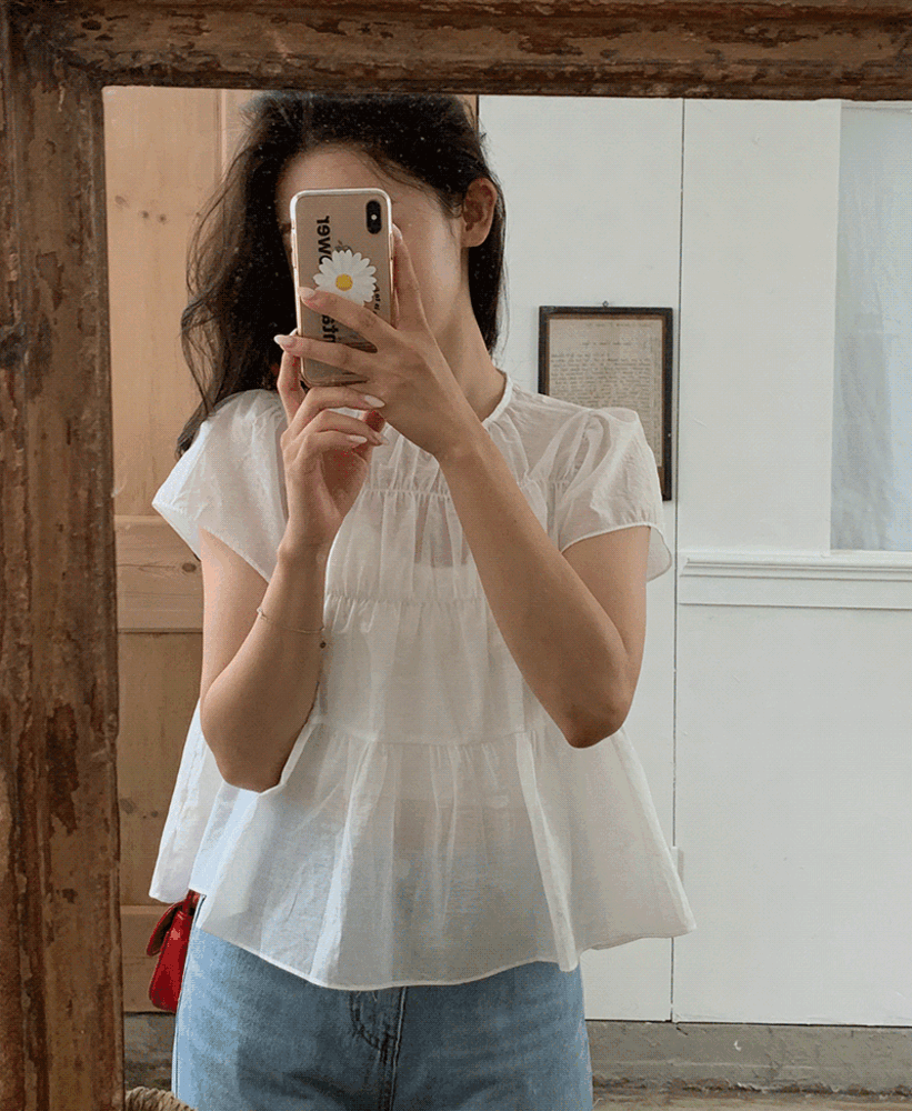 썸 시스루 어깨 퍼프 반팔 여름블라우스 2color