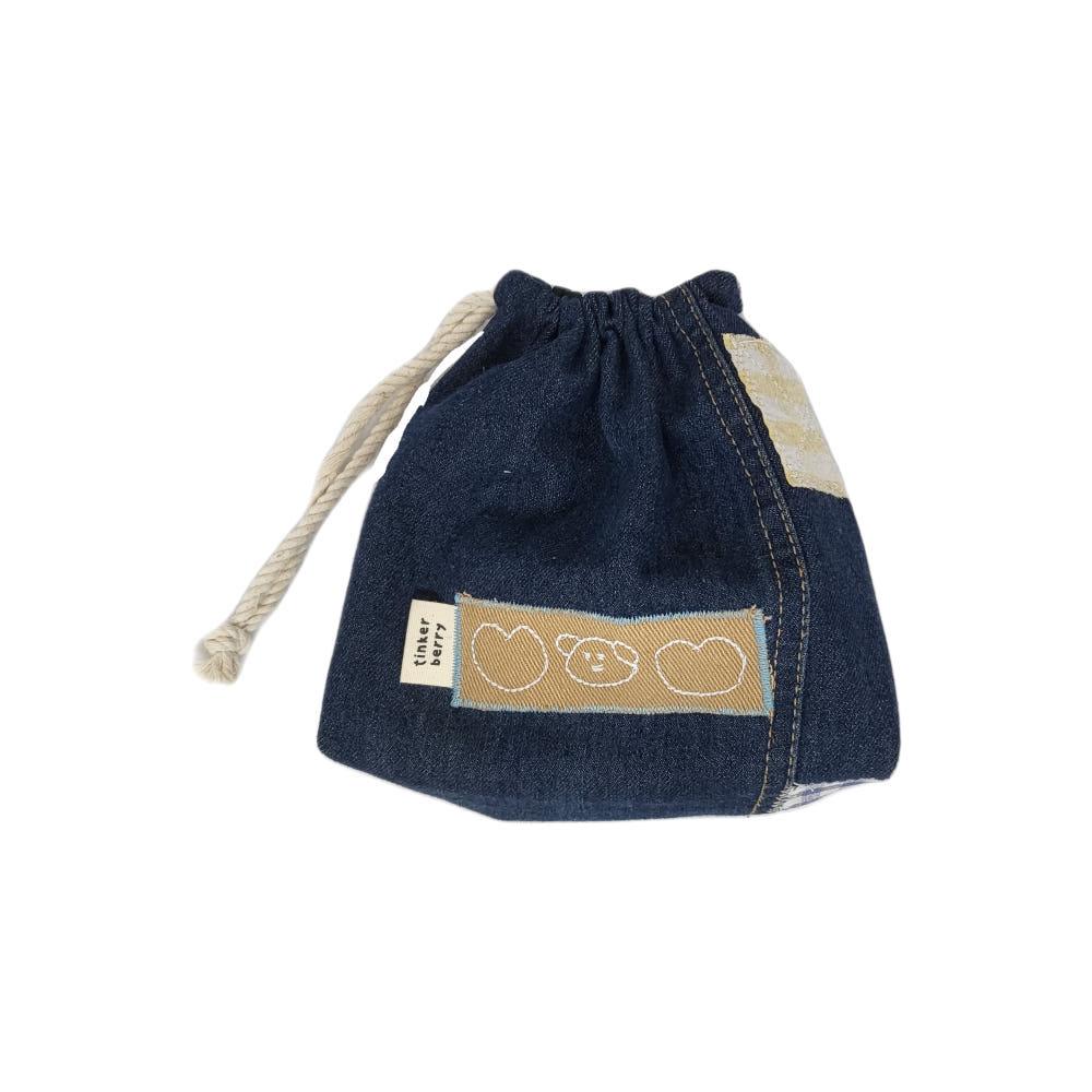 강아지 스트링 파우치 빈티지 업사이클링 패치워크 데님 자수 다꾸 스티커 홈카페 여행용