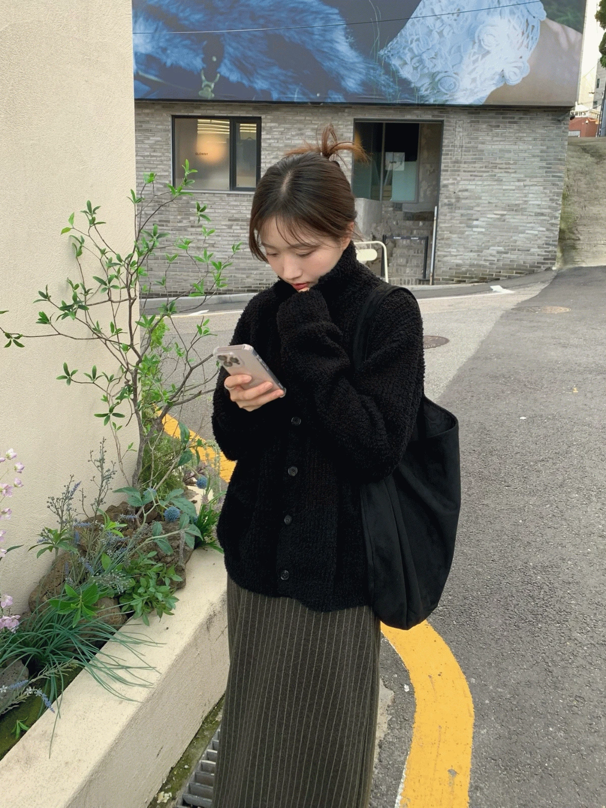 부클 하이넥 오버 가디건