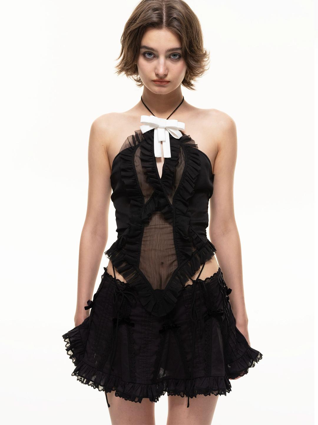 Nodress Black Lace Trim Pleated Cotton Mini Skirt