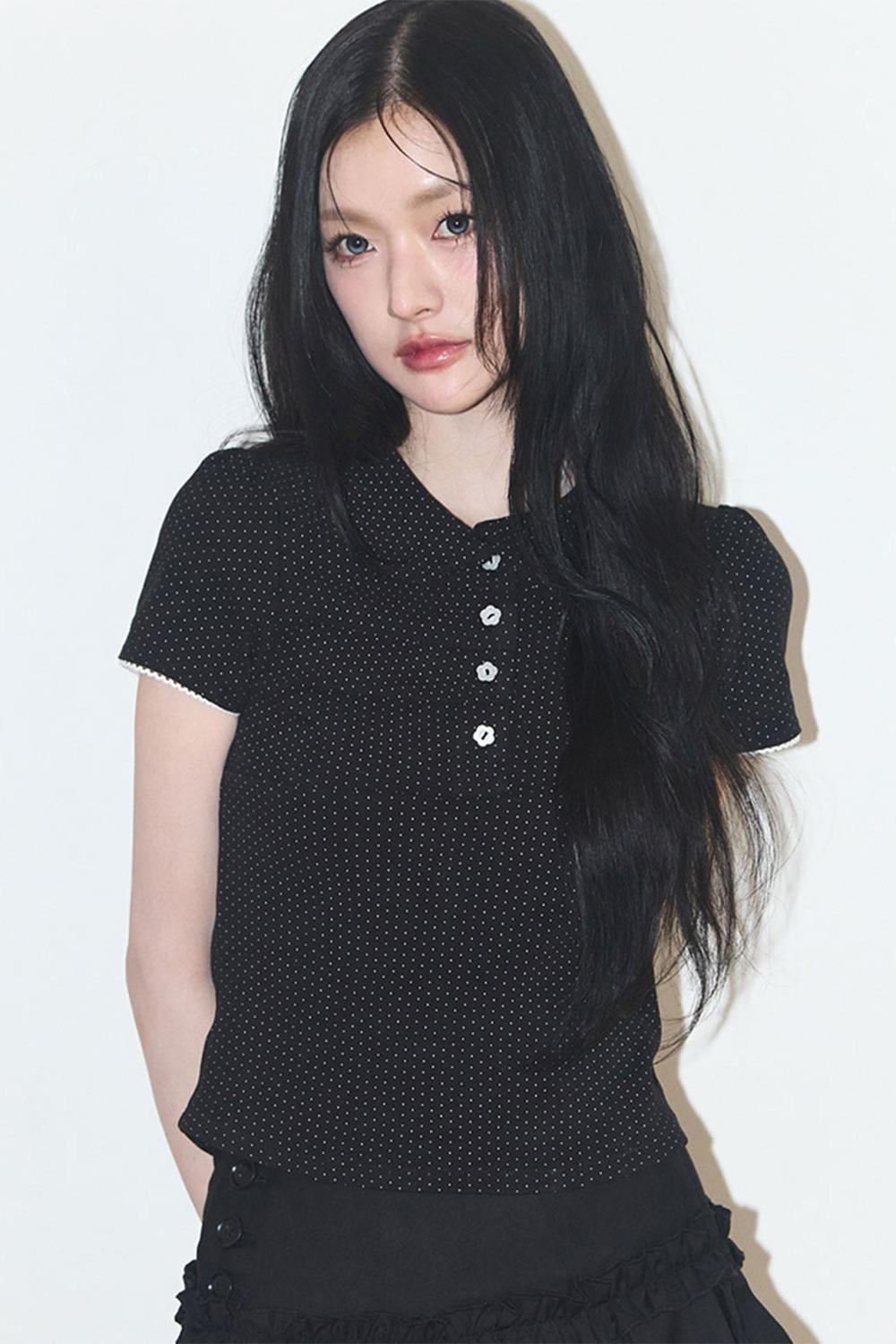 [04/20 예약발송] 도트 핀턱 카라 티 블랙