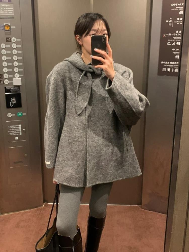 [handmade] 울 타이 스카프 후드 핸드메이드 하프코트 오버핏 (2c)