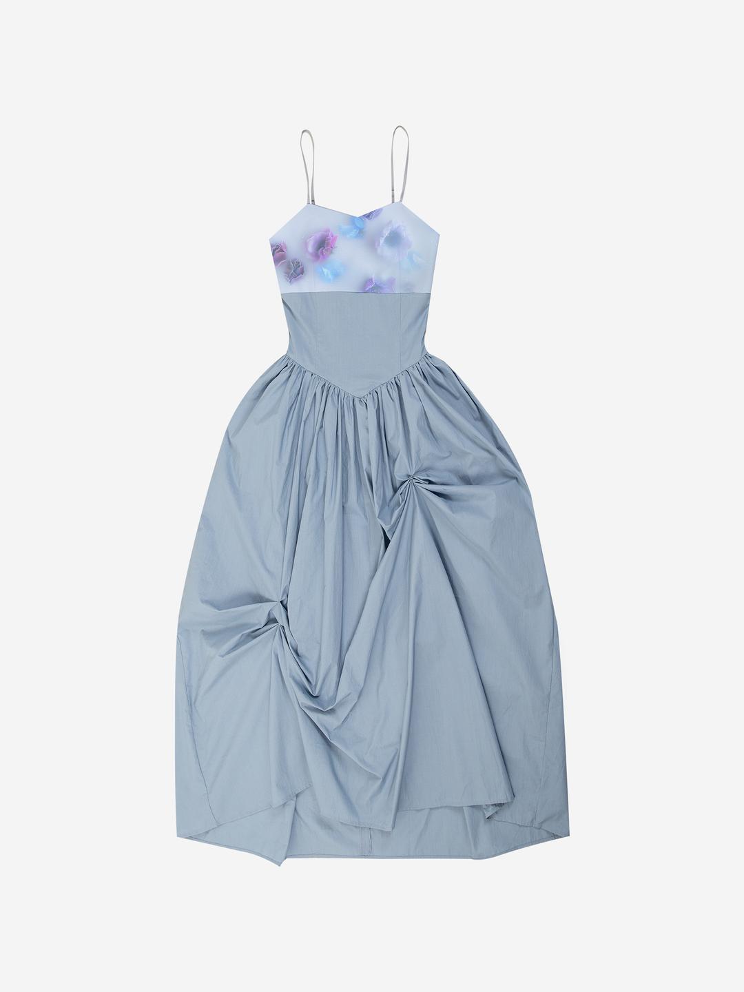 UNBALANCED SHIRRING LONG DRESS #BLUE - 달링유어배드