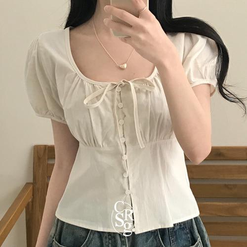 크림슈가 [셔링포인트!/하객룩] 프레첼 퍼프 버튼 반팔 블라우스