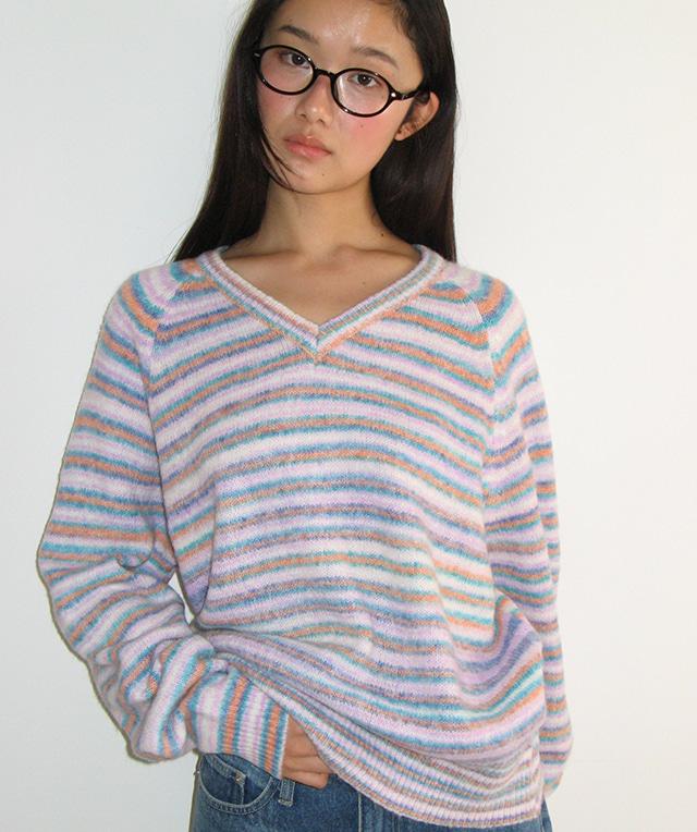 SOFT STRIPE V NECK KNIT PURPLE