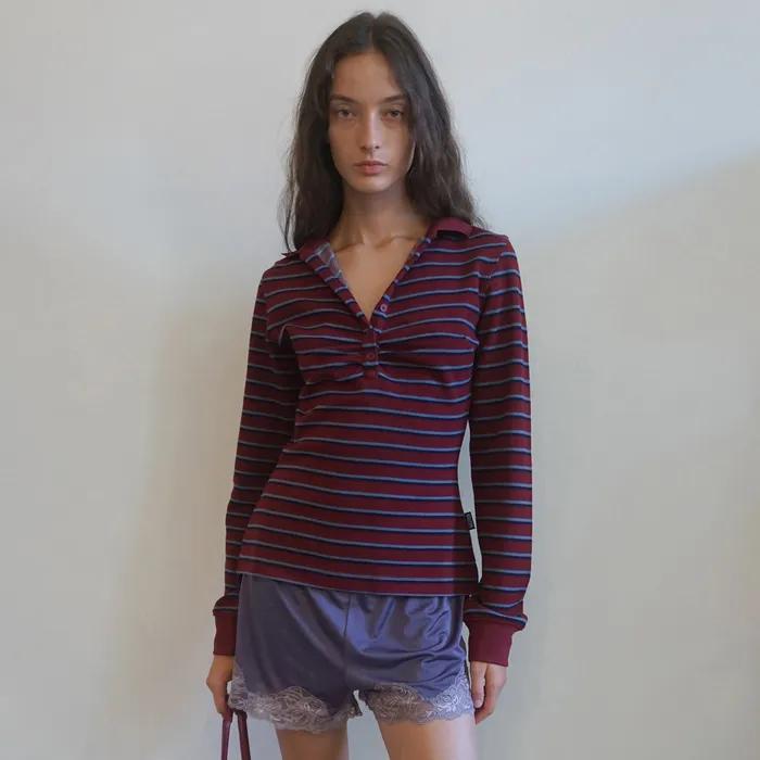 Shirring Tennis Shirt Wine Stripe